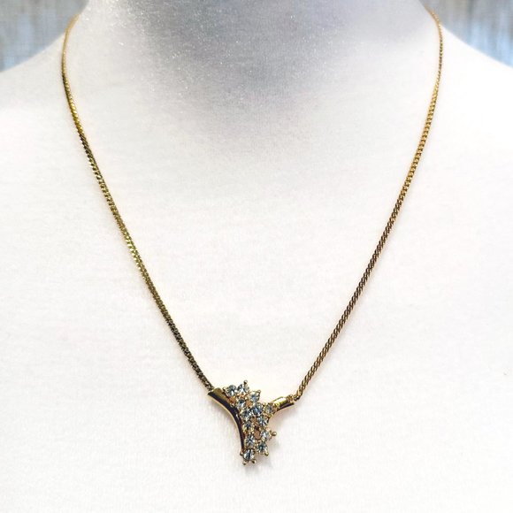 Vintage Avon Goldtone Rhinestone Crescent Cocktail Necklace Herringbone Chain - Picture 3 of 7